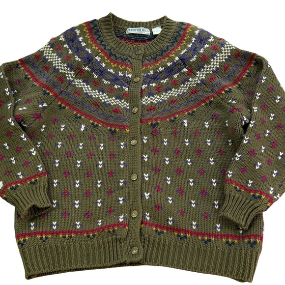 Northern Isles Sweaters - Northern Isles Fair Isle Knit Cardigan Sweater XL Olive Green Cottagecore Preppy